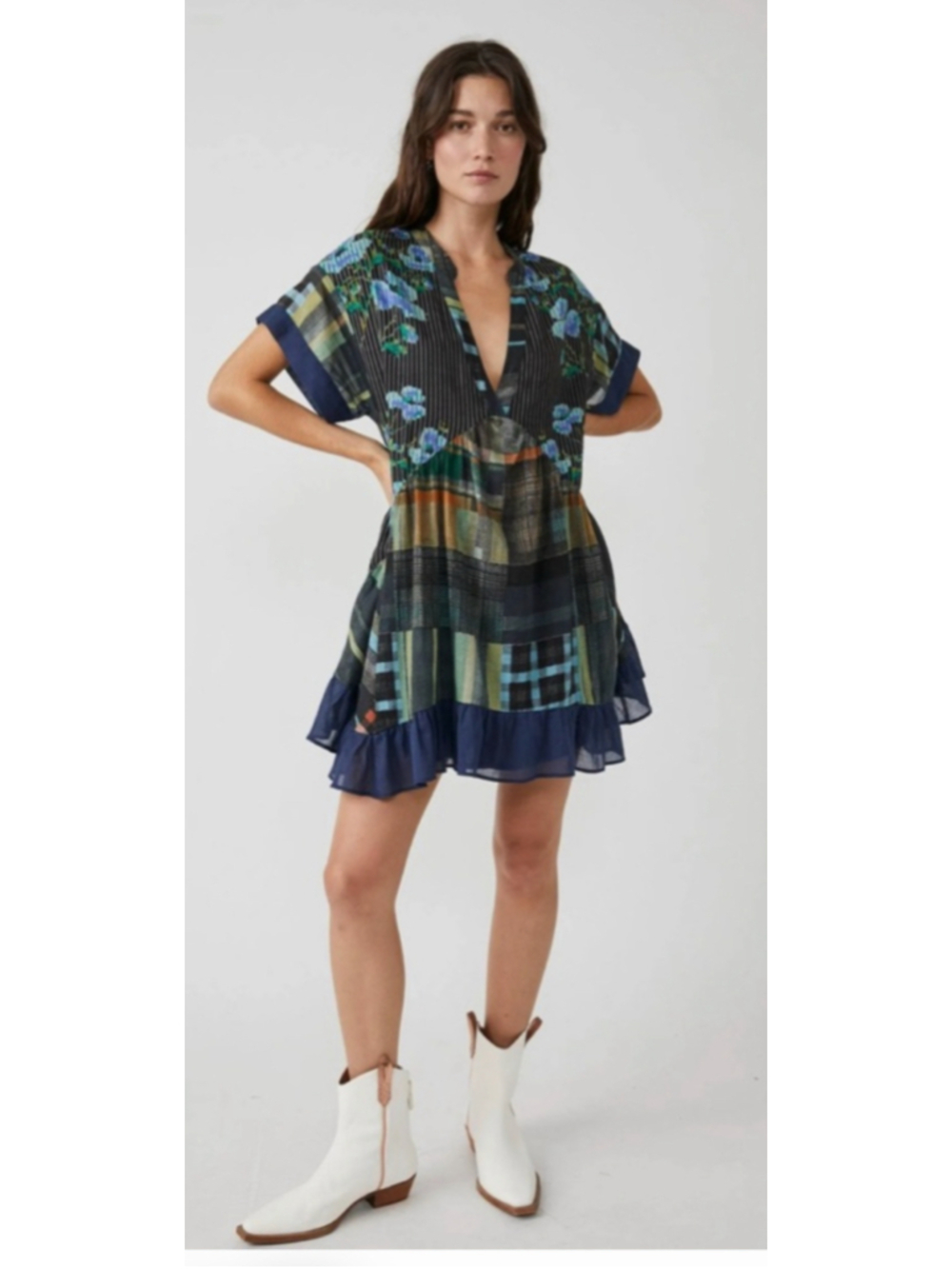 Women's Free People Printed Agnes Dress Black Blue Floral Plaid Patchwork Lg